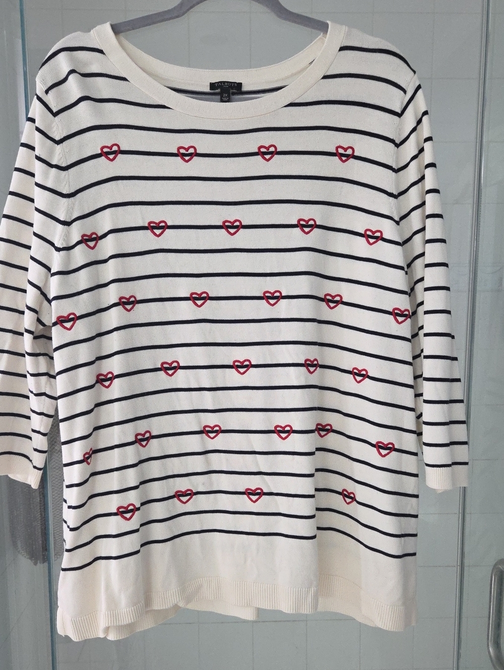 Talbots White Striped Knit Top with Red Heart Motif
